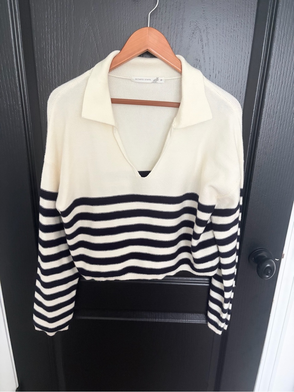 Altar’d State: Striped Collared V-Neck Sweater - Dark Navy/White